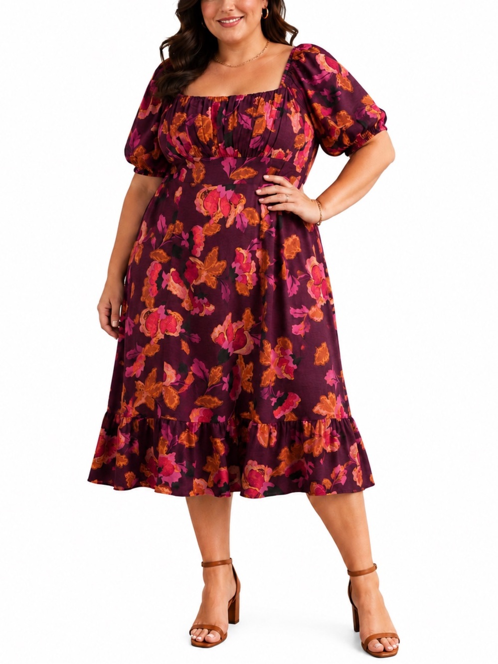 Clover & Sloane Plum Floral Square Neck Puff Sleeve Midi Dress 18W Plus